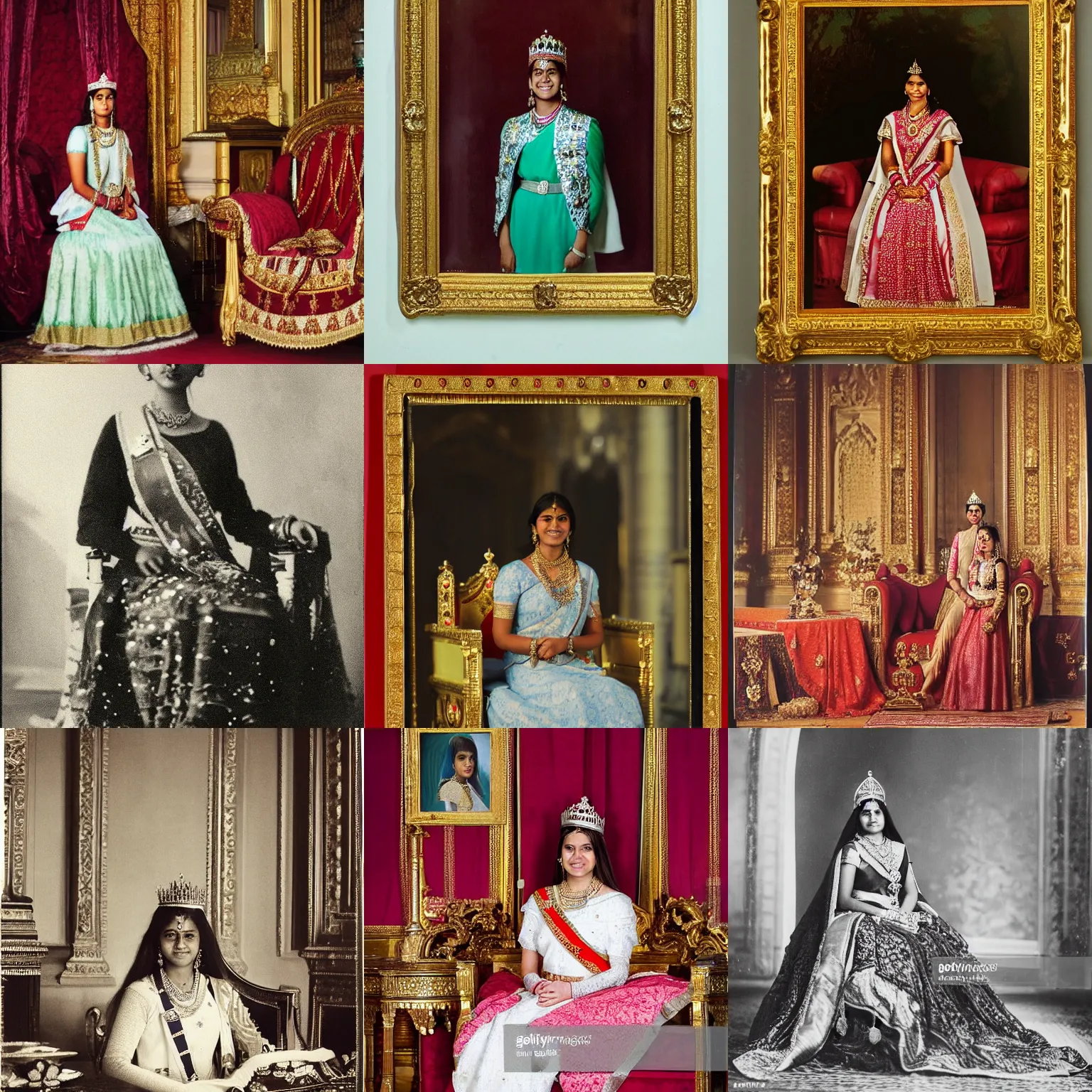 Prompt: Official photo portrait of a teenage Indian girl as the Queen of England, interior of Buckingham Palace