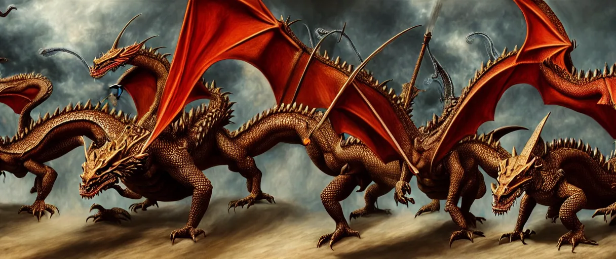 Prompt: hyperrealist highly detailed english medieval portrait of four dragons fighting, concept art pascal blanche dramatic studio lighting 8k wide angle shallow depth of field