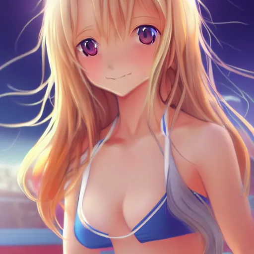 Image similar to a very beautiful young anime tennis girl, full body, long wavy blond hair, sky blue eyes, full round face, short smile, bikini, miniskirt, front view, highly detailed, cinematic wallpaper by stanley artgerm lau