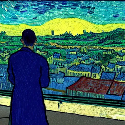 Image similar to painting of the last human on earth watching annalien invasion descending onto a city, in the style of Vincent Van Gogh and Edward Hopper