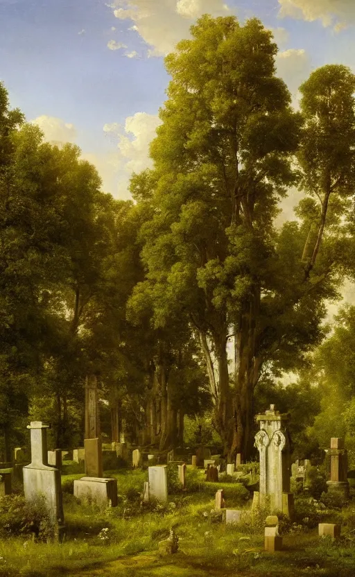 Prompt: artwork painting of a lush environment, a cemetery headstone by eugene von guerard, ivan shishkin