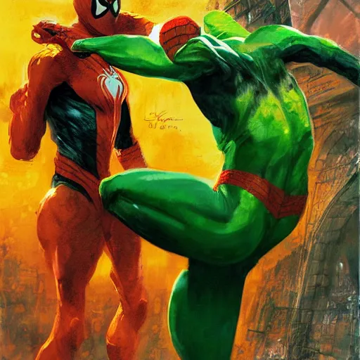 Image similar to an orange and green spiderman by ruan jia and marc silvestri