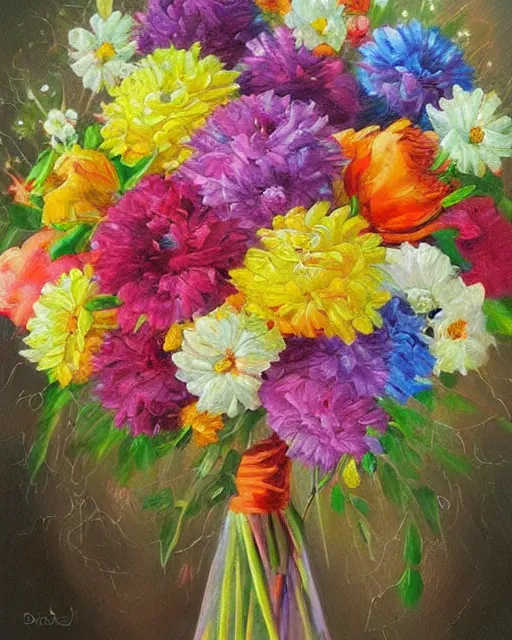 Image similar to oil on canvas illustration of the most beautiful bouquet of flowers, colorful, artstation, deviantart, pinterest, 5 0 0 pc