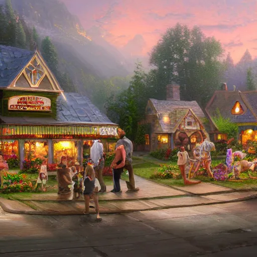 Prompt: A New Zealander and his six kids in College Station have been keeping up with The Hollywood world wide web, by like management thomas kinkade, still life evolving, incredible digital illustration trending on artstation wide matte painting trending on art