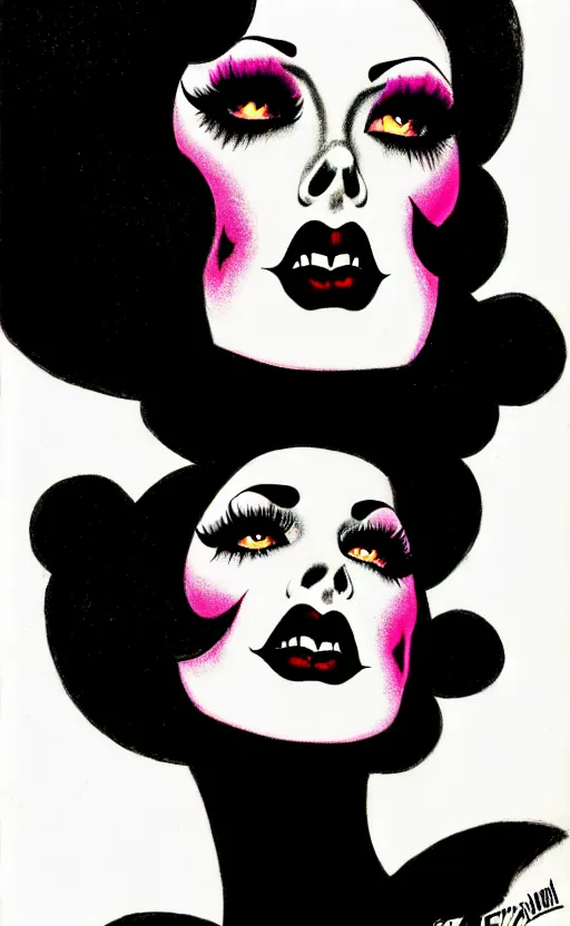 Image similar to looking up at a goth girl with a detailed face and black hair, burlesque psychobilly, rockabilly, punk, white background, vector art, illustration by frank frazetta