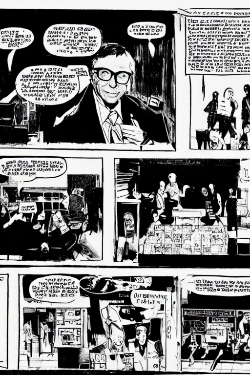 Image similar to bill gates presenting the microsoft xbox at ces 2 0 0 1, a page from cyberpunk 2 0 2 0, style of paolo parente, style of mike jackson, adam smasher, johnny silverhand, 1 9 9 0 s comic book style, white background, ink drawing, black and white