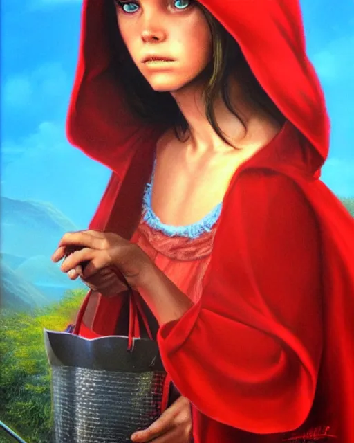 Image similar to little red riding hood, airbrush, drew struzan illustration art, key art, movie poster