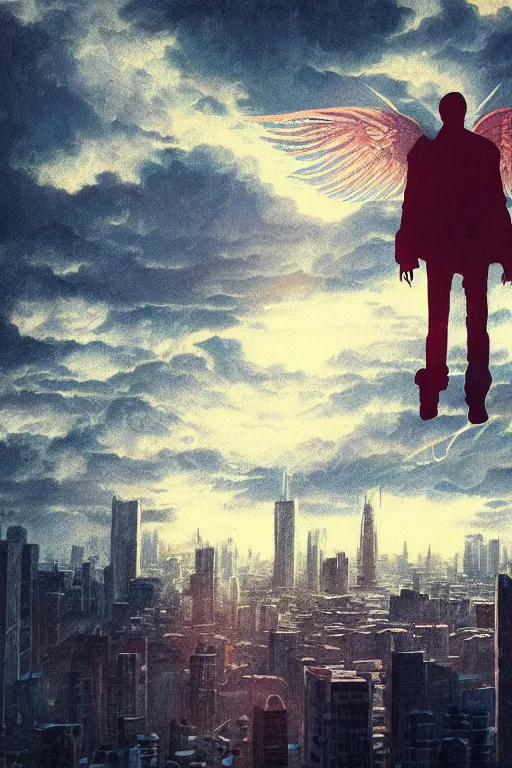 Image similar to concept art painting of a guy with wings flying over city skyline, moody vibe, moody lighting, artgerm, moebius, inio asano, toon shading, cel shading, calm, tranquil, vaporwave colors,