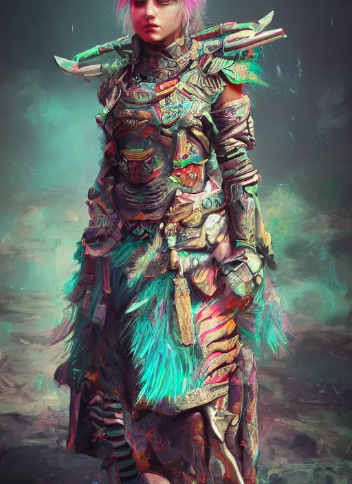 Image similar to detailed full body concept colorful pastel painting of a female road warrior in intricate clothing, cinematic lighting, hyperdetailed, 8k, high resolution, insanely detailed and intricate, octane render