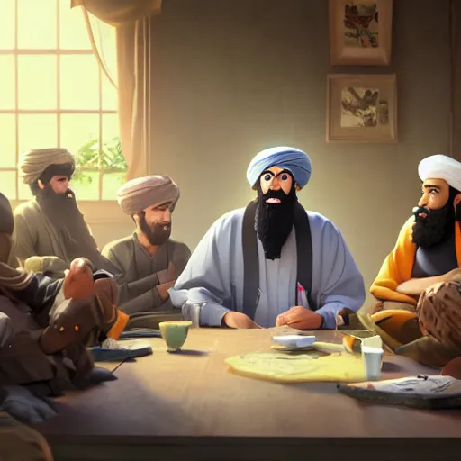 Prompt: a wholesome animation key shot of osama bin laden sitting with taliban elders, medium shot, waist up, studio ghibli, pixar and disney animation, sharp, rendered in unreal engine 5, anime key art by greg rutkowski, bloom, dramatic lighting