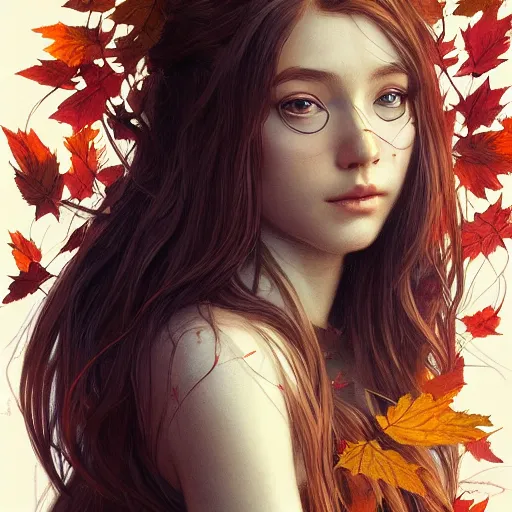 Image similar to girl with super long hair, hair becoming autumn red leaves, intricate, highly detailed, digital painting, artstation, concept art, smooth, sharp focus, illustration, unreal engine 5, 8 k, art by artgerm and greg rutkowski and alphonse mucha