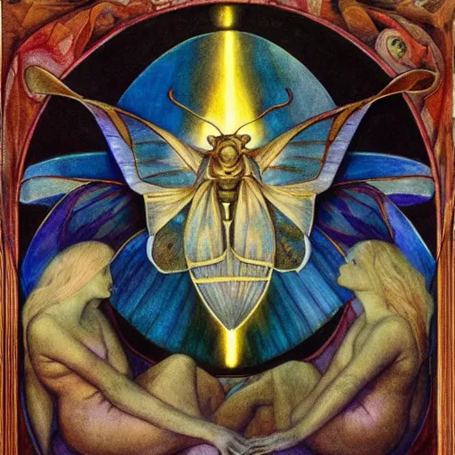 Image similar to moths attending their queen, by Annie Swynnerton and Diego Rivera and Evelyn De Morgan, symbolist, dramatic lighting, elaborate geometric ornament, Art Brut, god rays, soft cool colors,smooth, sharp focus, extremely detailed, Adolf Wölfli