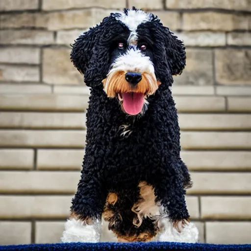 Image similar to a closeup photorealistic photograph of a cute smiling knitted bernedoodle judge dog dressed in a black gown, presiding over the courthouse. indoor image, professional capture, well lit shot. this 4 k hd image is trending on artstation, featured on behance, well - rendered, extra crisp, features intricate detail, epic composition and the style of unreal engine.