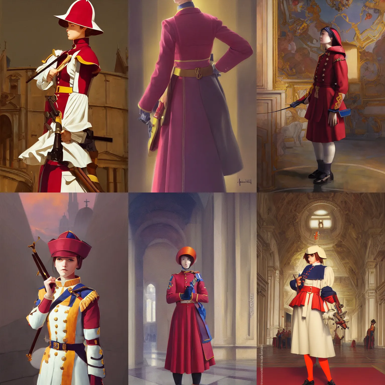 Prompt: a portrait of a cute female Swiss guard, Vatican setting, vivid colors, soft lighting, atmospheric, cinematic, moody, in the style of Ilya Kuvshinov and Range Murata, Krenz Cushart, rule of thirds, oil on canvas, 8k