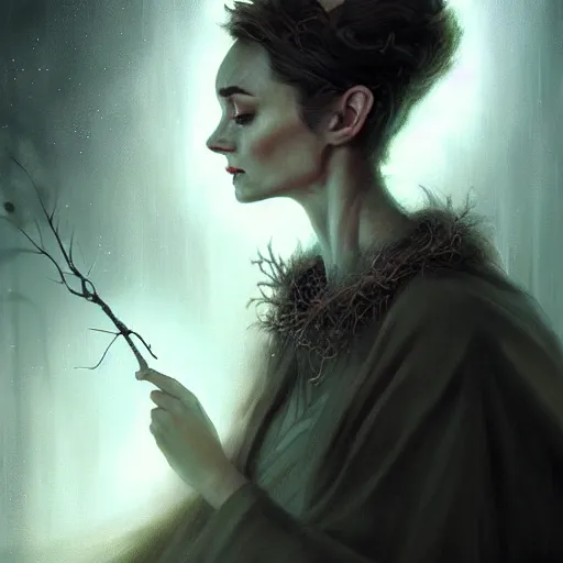 Image similar to a druid casting a spell in the dark of night, inspired by audrey hepburn and kristen ritter, surreal matte painting, detailed portrait, deviantart artstation, by peter mohrbacher, by greg rutkowski