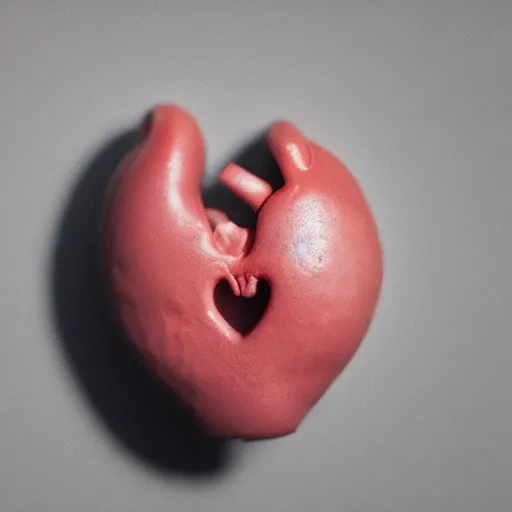 Image similar to Very tiny [Anatomical human heart 🫀] that looks like the iOS emoji and has the same colors, 3D clay render, 4k UHD, white background, isometric top down left view, diffuse lighting, zoomed out very far