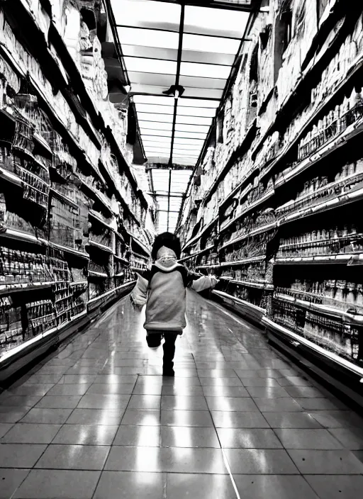 Image similar to being hunted by a monster in a labyrinth of grocery store aisles. liminal. dramatic lighting