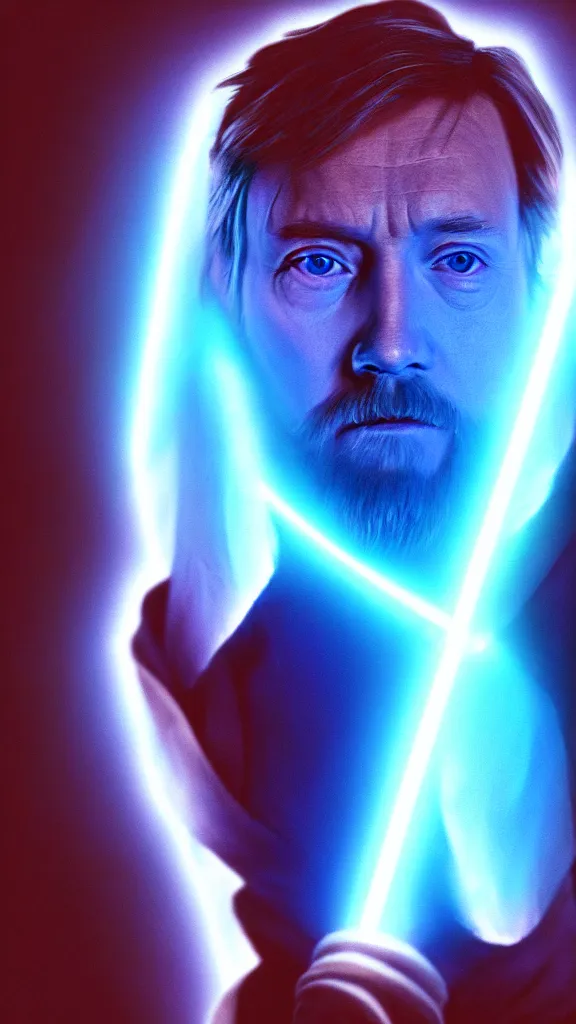 Prompt: a portrait of the ghost of obi - wan, as a digital photograph. blue transucent colors. glowing ghost. transparent portrait. color harmony, 8 k detail, gallery quality, hd wallpaper, premium prints available, hyper - detailed, intricate design.