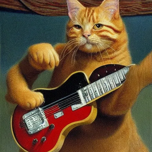 Prompt: a ginger cat dressed as an Hardrocker playing electric guitar, by Michael Sowa