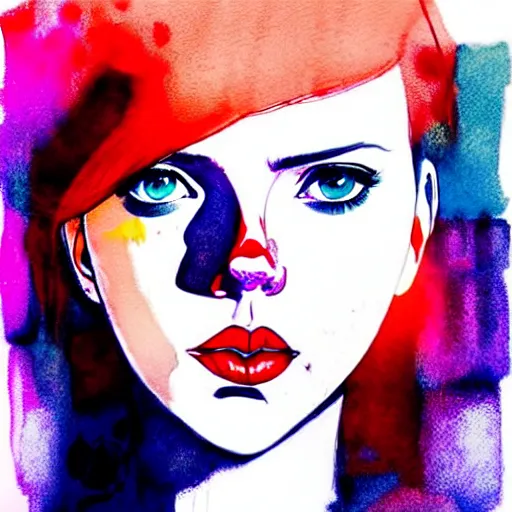 Image similar to phil noto, pretty scarlett johansson black widow, symmetrical eyes, long red hair, full body, city rooftop by agnes cecile, very luminous design, pastel colours, ink drips, autumn lights