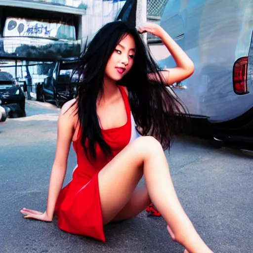 Prompt: beautiful asian woman in red shorts and sports bra sitting on car, perfect face, perfect body, eye contact, smiling, flirting, digital art in the style of artgerm and WLOP