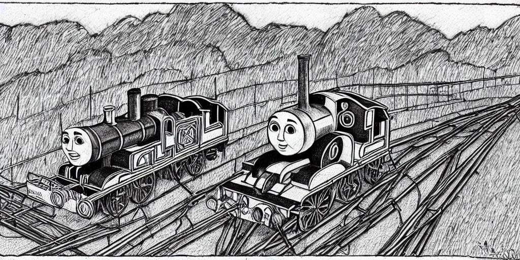 Prompt: Thomas the Tank Engine, illustration by Junji ito, pencil and paper, disturbing