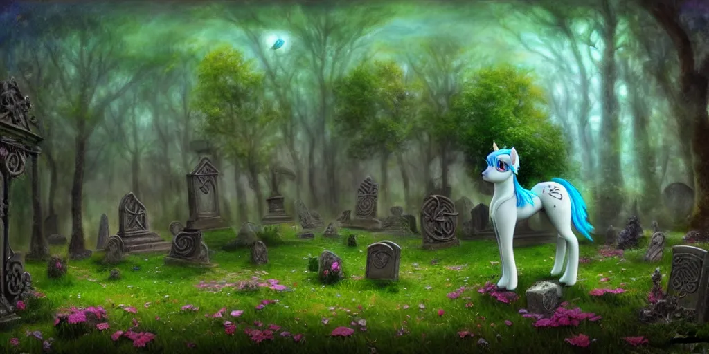 Image similar to 3 d littlest pet shop horse, realistic fur, faery, celtic, spooky, graves, crypt, flowers, storm, blues, greens, teals, dark contrast, spooky, master painter and art style of noel coypel, art of emile eisman - semenowsky, art of edouard bisson