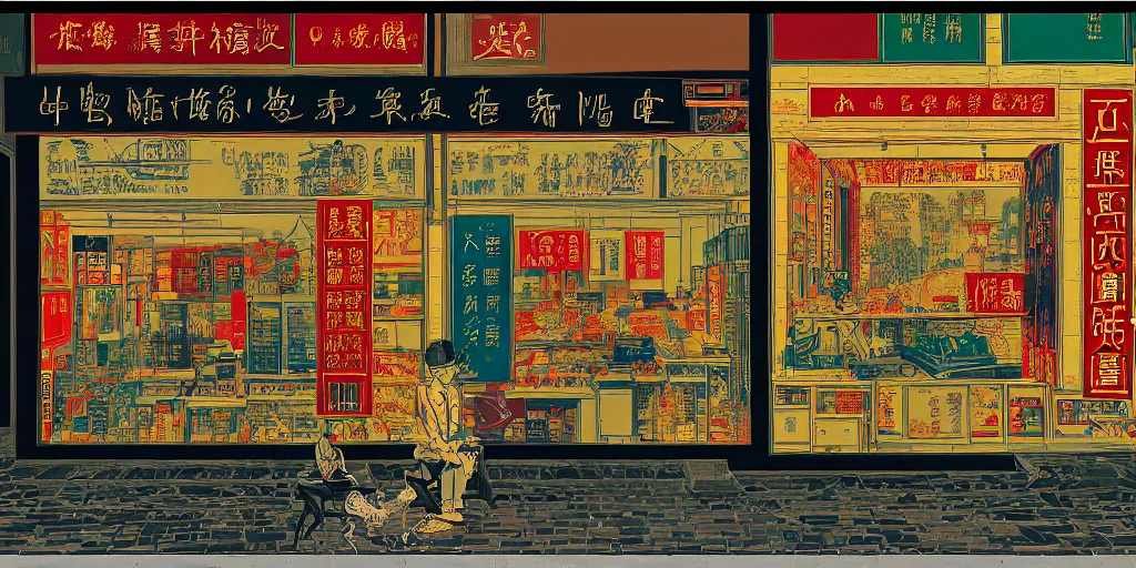 Image similar to a shop window in hong kong, by dan mumford and peter doig and edward hopper, minimal, black in, thick lines highly detailed, muted colours, overlaid with chinese adverts, 8 k