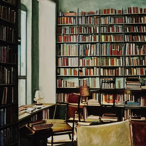 Image similar to painting of an apartment own by a writer, a lot of books on the shelves, desk with typewriter on it, one windows with gentle light