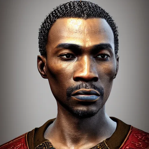 Image similar to A Crusader Kings II portrait of an African man with high cheekbones. Good bone structure. Dressed in 1940s style. Highly detailed, fine Art, high detail, great lighting, 8k resolution, masterpiece, concept art, illustration, clear eyes, painting oil on canvas, octane render, HDR, trending on artstation, 4k, 8k, HD