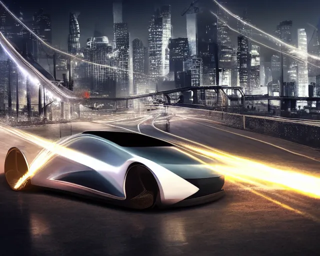 Image similar to Highly detailed digital art of a car arriving from the future, a sleek futuristic car accompanied by a trail of sparks on a city highway, a shining cityscape in the background