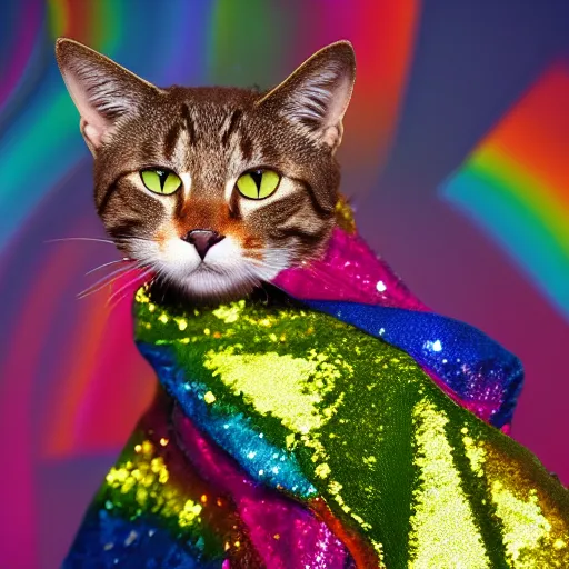 Image similar to a high - quality photo of a cat wearing a sequined designer cloak, hyperrealistic, textured, animal portrait, dark ( ( rainbow ) ), bokeh, f 2. 8