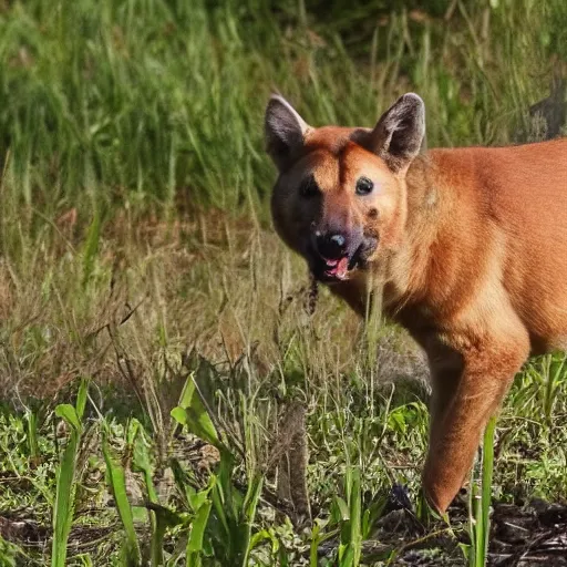 Prompt: trail cam footage of Cleveland Brown hunting his food, 4k