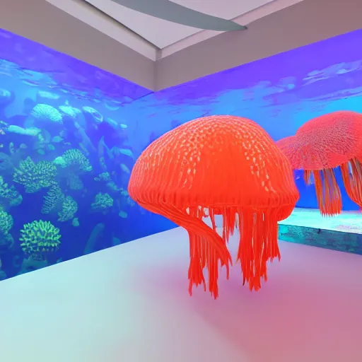 Prompt: photo of the modern room as aquarium with a big jellyfish and corals, realistic colors, realistic shadows, daylight made in blender, 3 d by beeple and damian hirst