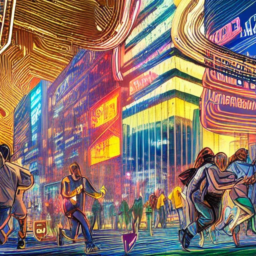 Prompt: landscape of people running away scared from crypto logos standing in the city, digital drawing, beautiful lightning, sharp colors, hyper - detailed, hdr, 8 k