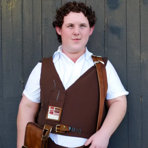 Image similar to pudgy british lad with short curly dark brown hair as a hobbit wearing a white men's crossbody sling chest bag and blue vest