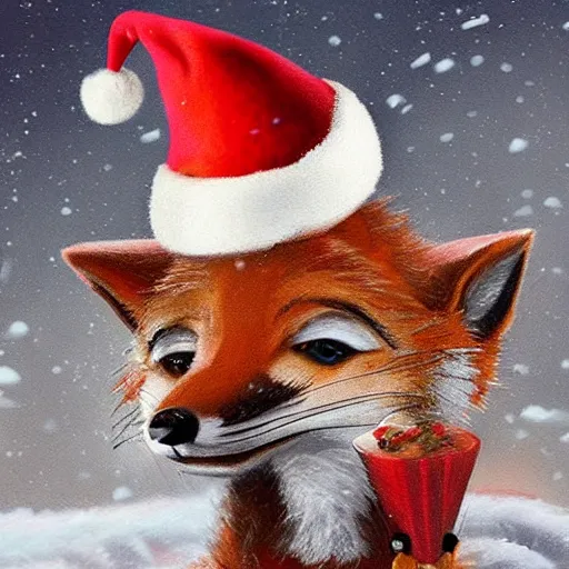 Prompt: A Detailed Award Winning Masterpiece, trending on artstation, 4k, of a fox wearing a santa hat, eating a cheese platter, very cute and quaint, silly