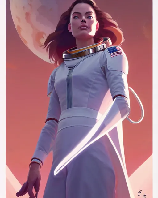 Image similar to azctec astronaut, margot robbie, detailed perfect face, exquisite details, fire magic, mid view, design on a white background, by studio muti, greg rutkowski makoto shinkai takashi takeuchi studio ghibli