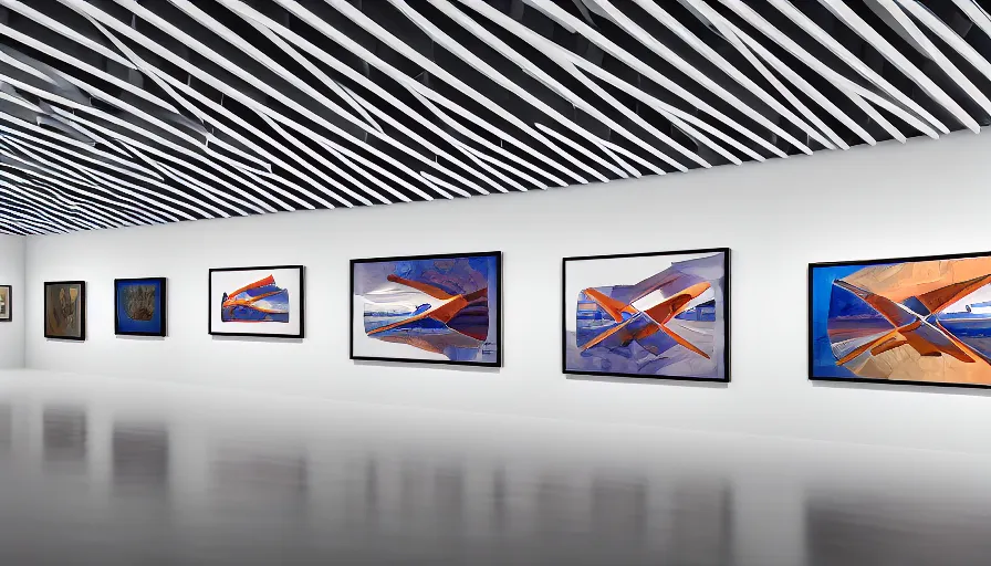 Prompt: interior futuristic art gallery wide angle highly detailed by santiago calatrava, three wall hanging paintings famous pieces by vinci!, captivating 8 k hdr, octane render godrays hyperrealism