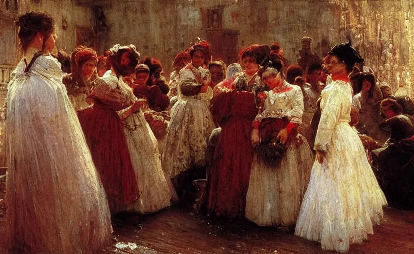 Image similar to high quality high detail painting by ilya repin, brides in a blood flooded house, hd