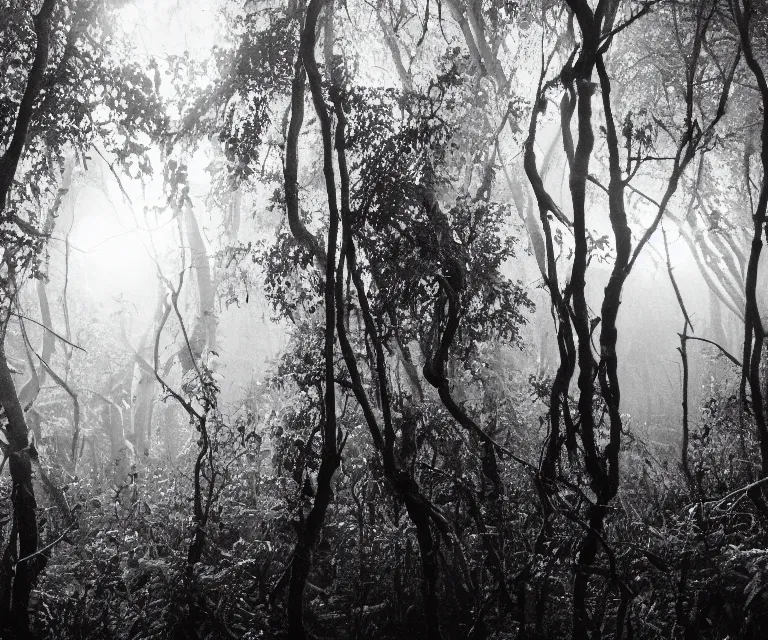 Prompt: a lush dense forest, glowing vines, black and white wildlife, moon shining, soft tones, highly detailed, 50mm