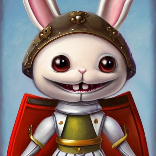 Prompt: a cute rabbit knight, big smile, cute teeth, cute face, digital painting by Mark Ryden, cute and lovely, high detail, pastel colors