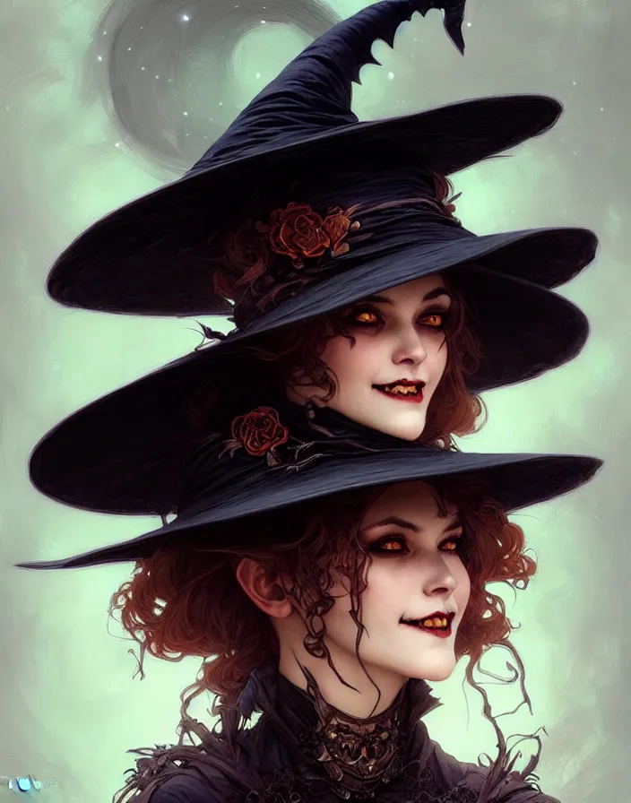 Image similar to halloween witch woman in a hat smiles, fantasy magic, undercut hairstyle, dark light night, intricate, elegant, sharp focus, illustration, highly detailed, digital painting, concept art, matte, art by wlop and artgerm and greg rutkowski and alphonse mucha, masterpiece