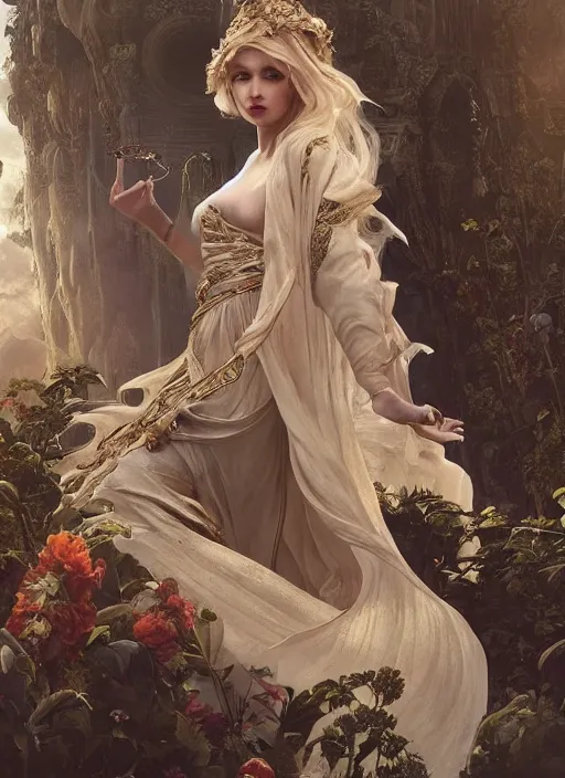 Image similar to a beautiful portrait of a sorceress floating on air with elegant looks, flowing robe, ornate and flowing, intricate and soft by ruan jia, tom bagshaw, alphonse mucha, wlop, beautiful roman architectural ruins in the background, epic sky, vray render, artstation, deviantart, pinterest, 5 0 0 px models