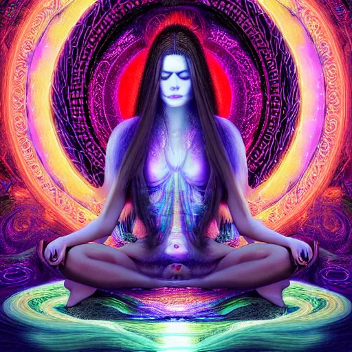 Image similar to Detailed, Electromagnetic Field DMT LSD, Beautiful Woman in Flowing Robe with Very Long Hair Meditating, realistic, high resolution, detailed reflection, detailed lighting, vivid ultraviolet colors, by Nixeu, by Hannes Bok, by Cameron Gray