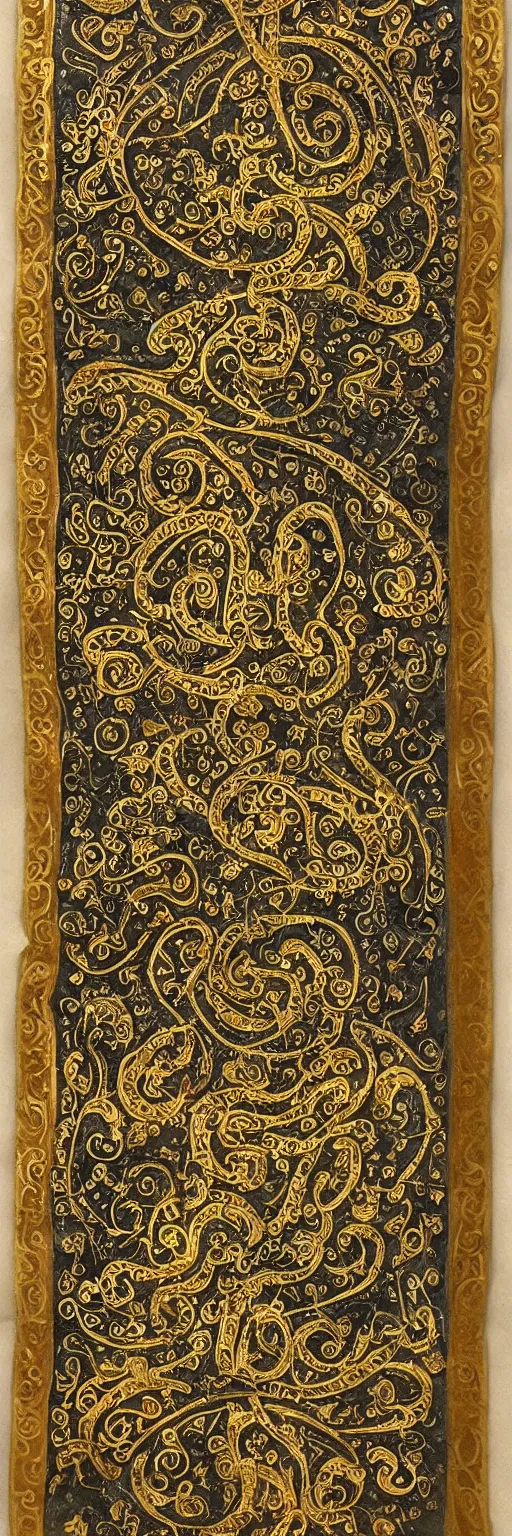 Prompt: magical medieval scroll containing myriad gold inlay symbols and sigils and one a single punisher emblem. detailed, high art, intricate, artisan