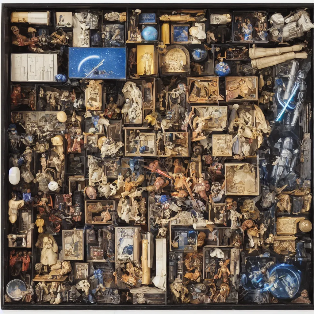 Image similar to a well - lit, detailed museum archive rich color photograph of a star wars memory box by joseph cornell, containing one action figure, some photographs, a star chart, a hologram, some small drawers, a ticket stub, and a large lightsaber
