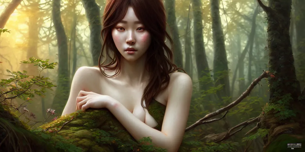 Image similar to beautiful digital painting of a hoyeon jung stylish female forest with high detail, real life skin, freckles, 8 k, stunning detail, works by artgerm, greg rutkowski and alphonse mucha, unreal engine 5, 4 k uhd