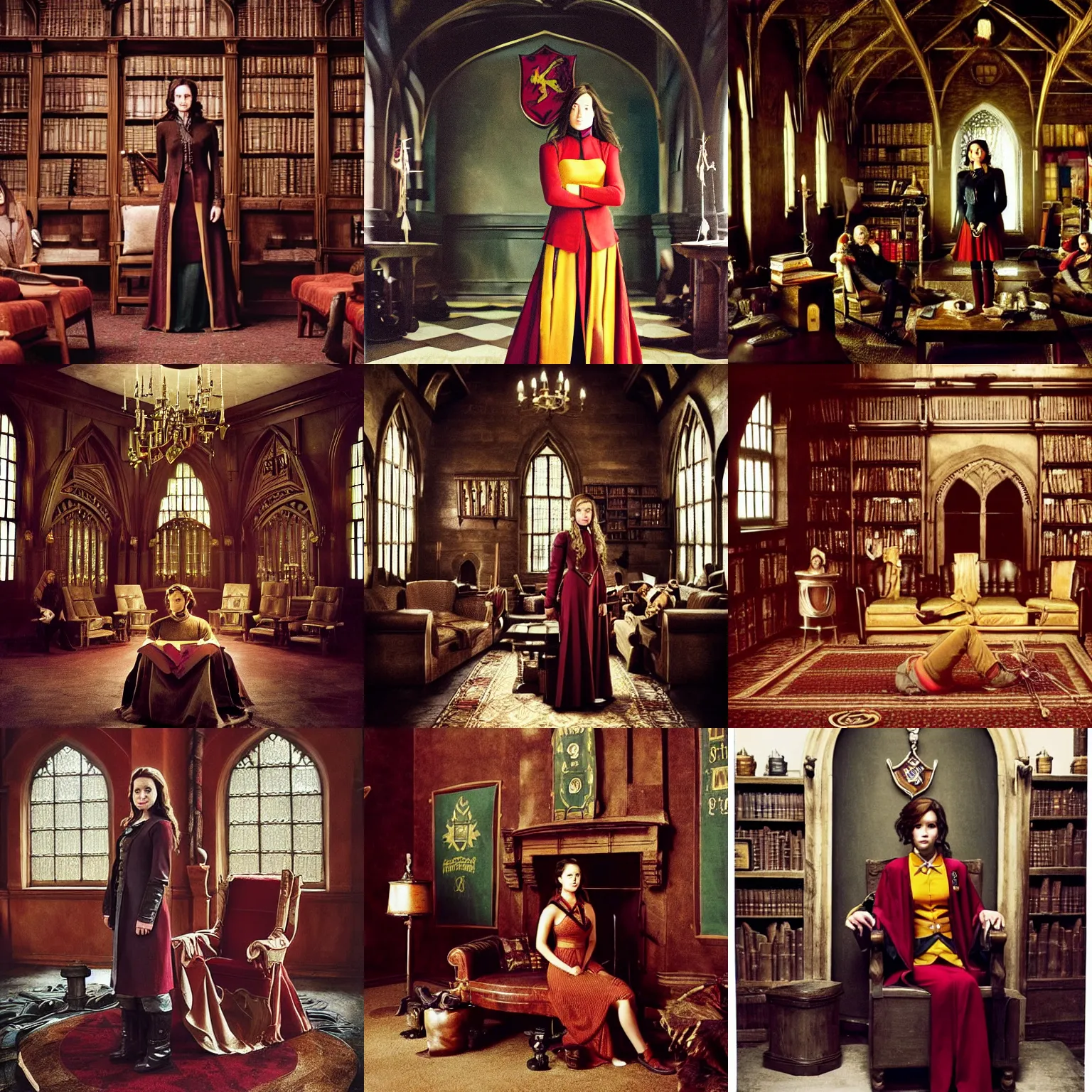 Prompt: hogwarts gryffindor common room, katniss everdeen is standing, photo portrait by annie leibovitz