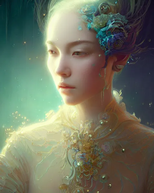 Prompt: (opulent fantasy violin), fractal crystal, ((beauty portrait)) by WLOP, James Jean, Victo ngai, unreal engine, beautifully lit, elegant, muted colors, highly detailed, fantasy art by Craig Mullins, Thomas Kinkade